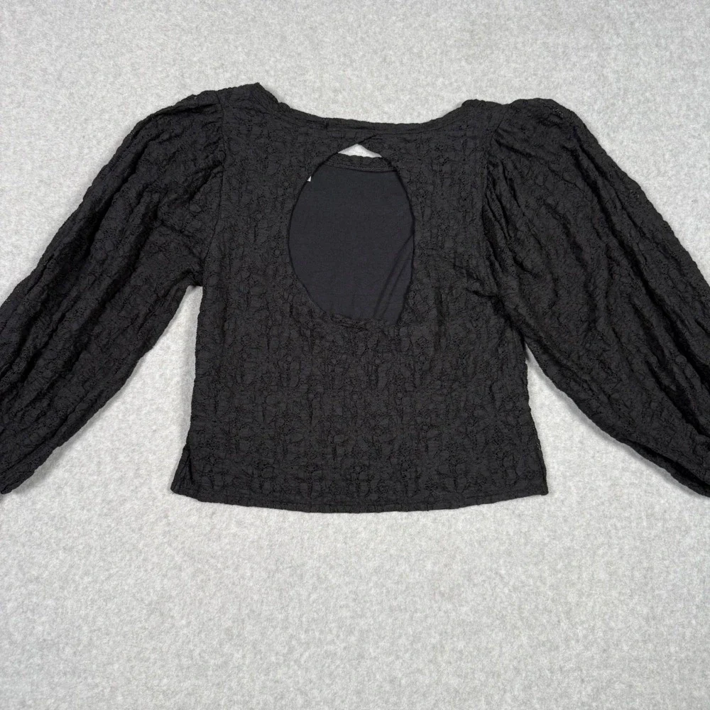 Free People Black Lace Open Back Puff Sleeve Crop Top Whimsigoth Grunge Large